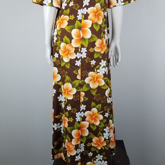 Ui-Maikai Hawaiian VTG 70s Empire  Hibiscus Print Maxi Brown Dress Size Small - Picture 6 of 13